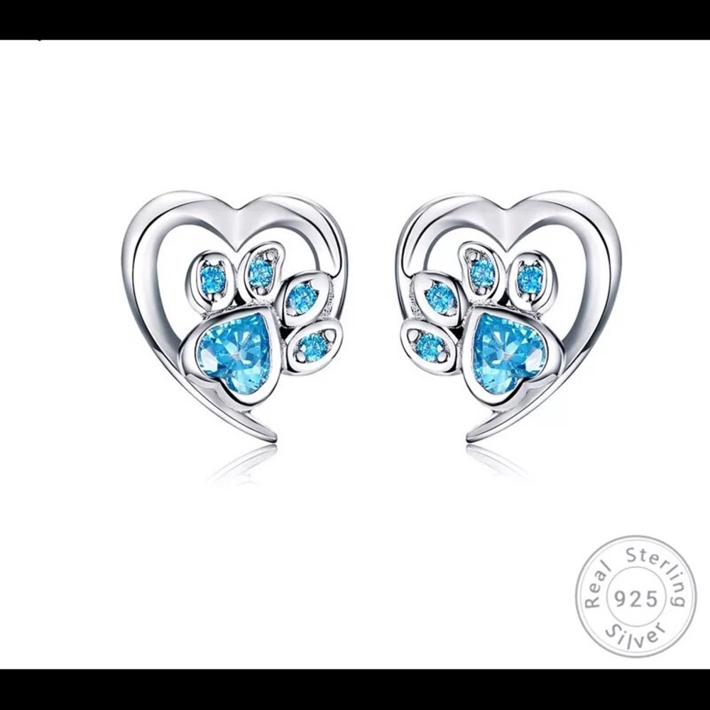 Dainty S925 Sterling Heart w/Blue Paw Earrings